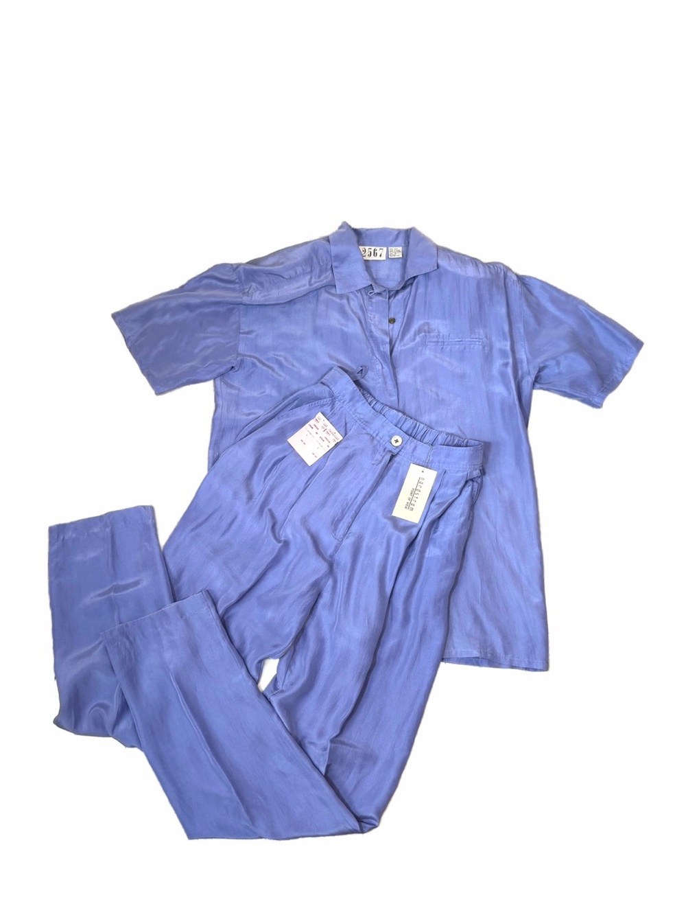VTG Nordstrom Silk NWT Washable Co-Ord Set Periwinkle Blue Fits Sz S/M Lavender